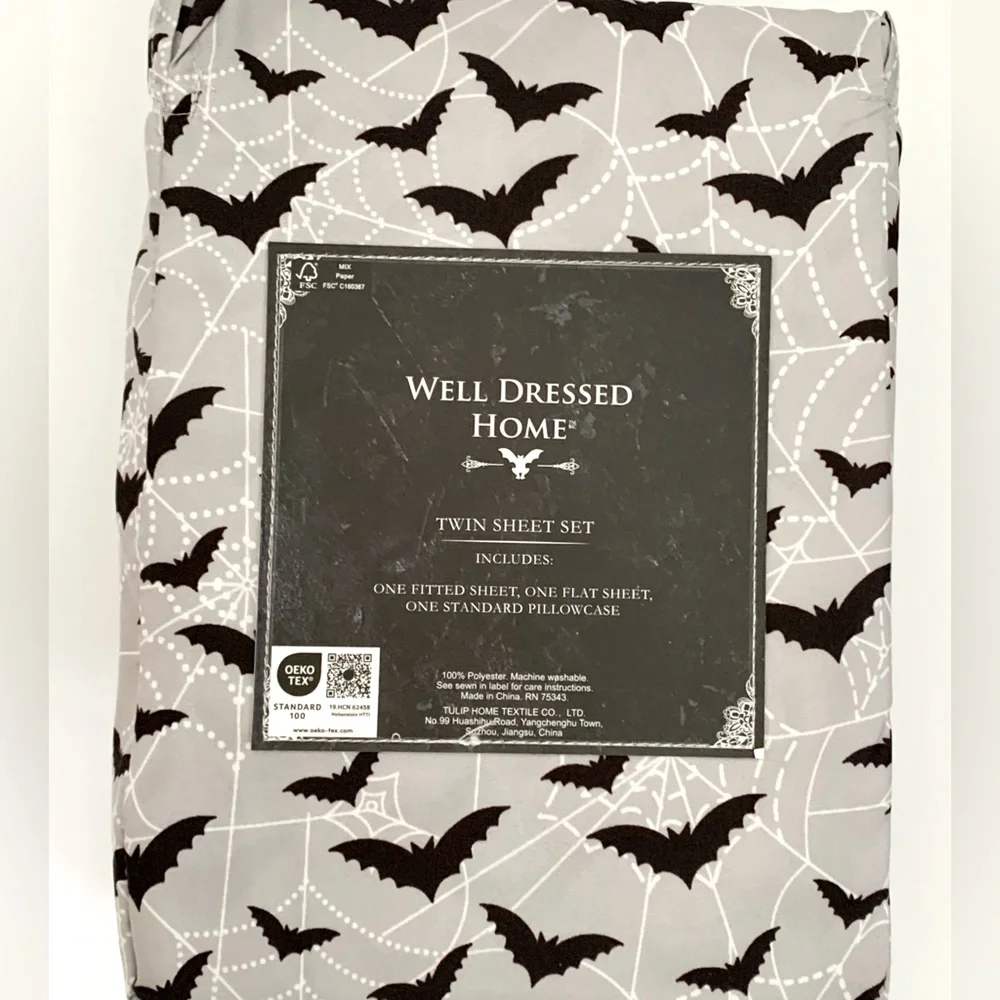 Bat Spiderweb Goth Sheet set - Twin - Black Grey White - NEW